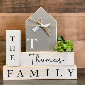 Personalized home decor, Family blocks, Wooden shelf sitters, Tiered tray, House with initial, hostess gift, black and white, farmhouse