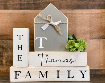 Personalized home decor, Family blocks, Wooden shelf sitters, Tiered tray, House with initial, hostess gift, black and white, farmhouse