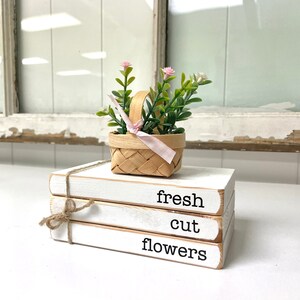 Wood book stack for spring decor for home fresh cut flowers tiered tray books mini flower basket gift for mom image 4