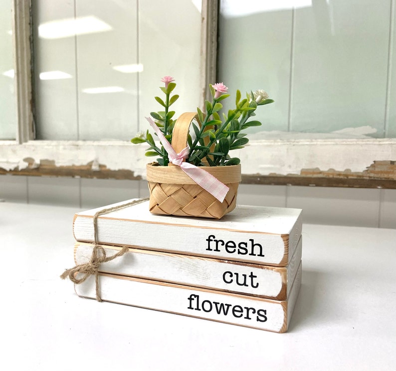 Wood book stack for spring decor for home fresh cut flowers tiered tray books mini flower basket gift for mom image 4