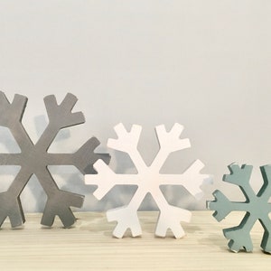 Wooden snowflakes, Christmas decor, Winter, rustic, Farmhouse, Tiered tray decor, Let it snow sign, Gray snowflakes