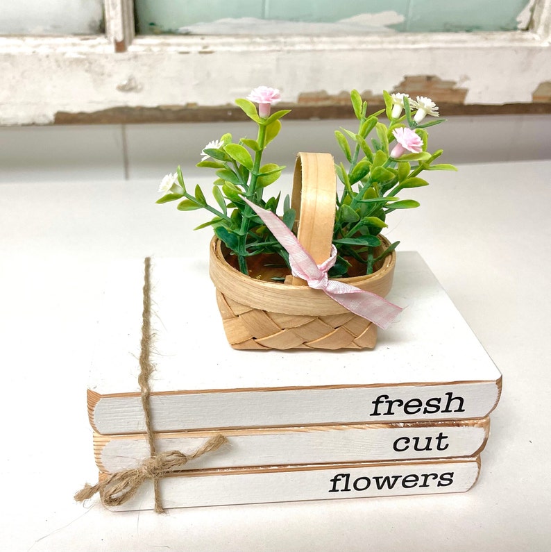 Wood book stack for spring decor for home fresh cut flowers tiered tray books mini flower basket gift for mom image 5