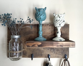 entryway shelf, key holder, wall vase, shelf with hooks, kitchen shelf, farmhouse shelf, rustic shelf,  reclaimed wood, mason jar wall vase