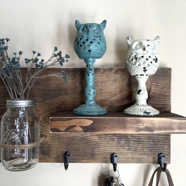 entryway shelf, key holder, wall vase, shelf with hooks, kitchen shelf, farmhouse shelf, rustic shelf,  reclaimed wood, mason jar wall vase