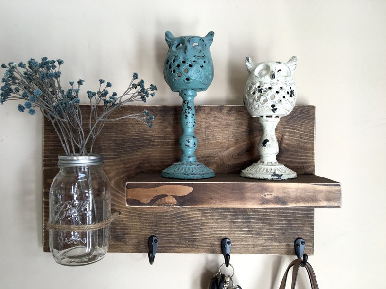 entryway shelf, key holder, wall vase, shelf with hooks, kitchen shelf, farmhouse shelf, rustic shelf, reclaimed wood, mason jar wall vase image 1