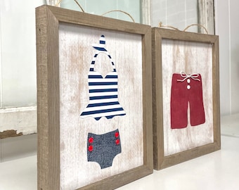 Bathing suits wall hangings for lake house cottage bathroom swim suits vintage inspired framed beach wall decor set for cottage