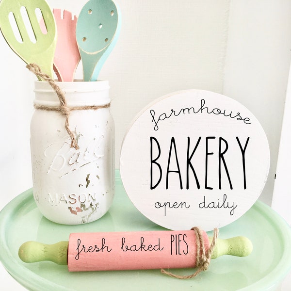 Bakery sign- Tiered tray decor- Farmhouse kitchen- Country kitchen- Farmhouse bakery- Mini rolling pin- Wooden spoons- Mason jar- Spring