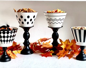 Halloween snack bowls, Black and white serving dishes, Table centerpiece pedestals