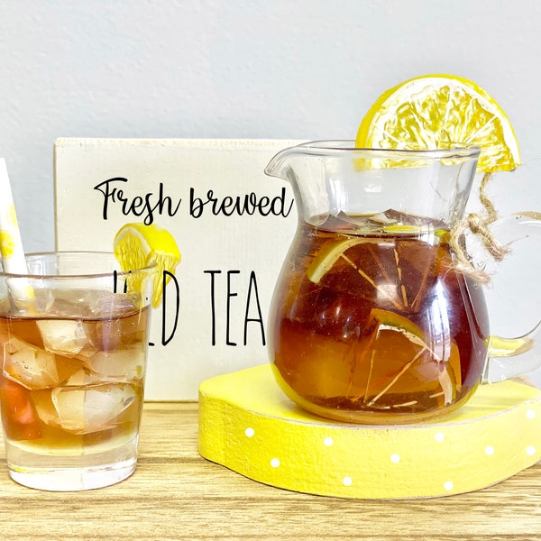 Iced tea pitcher and glass, Wooden lemon, Mini pitcher, Tiered tray, Faux glass of iced tea, Summer, Lemon decor, Wooden sign