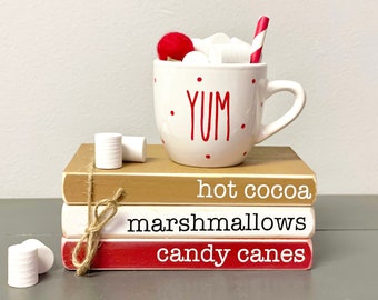 Hot cocoa wood book stack, Holiday tiered tray, faux marshmallows, Tiered tray, Christmas decor, Farmhouse