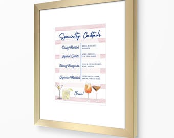 May include: A printable cocktail menu with pink and blue stripes. The menu lists four cocktails: Dirty Martini, Aperol Spritz, Skinny Margarita, and Espresso Martini. Each cocktail is illustrated with a glass of the drink.