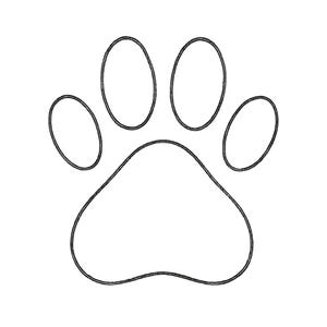 May include: A black outline of a paw print on a white background. The paw print has five oval-shaped toes and a larger, heart-shaped pad. The design is simple and clean, suitable for pet-related products.