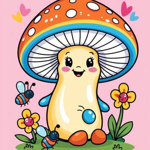 Fairytale Mushroom Digital Art, Kid&#39;s Cute Fairytale Mushroom Wall Art, Fantasy, Wildlife, Flowers, Bedroom Art, Nursery Art, Creativity