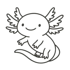 Peut inclure: Dessin au trait noir et blanc d'un axolotl. L'axolotl de dessin animé a un visage souriant, des branchies plumeuses et une longue queue. L'axolotl est en position de nage.