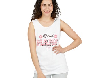 Blessed Mama plaid letters Tank Top | Mama graphic, pink gingham
