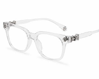 Blue Light Filter Glasses Transparent | Clear Y2K Glasses with Silver Details | Non-Prescription Computer Glasses | Unisex Fashion Glasses