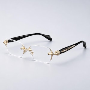 Randlose Brille mit Kreuz Details I Y2K Rimless Brille Silber I Gothic Statement Brille ohne Rahmen I Unisex Modebrille ohne Stärke Gold
