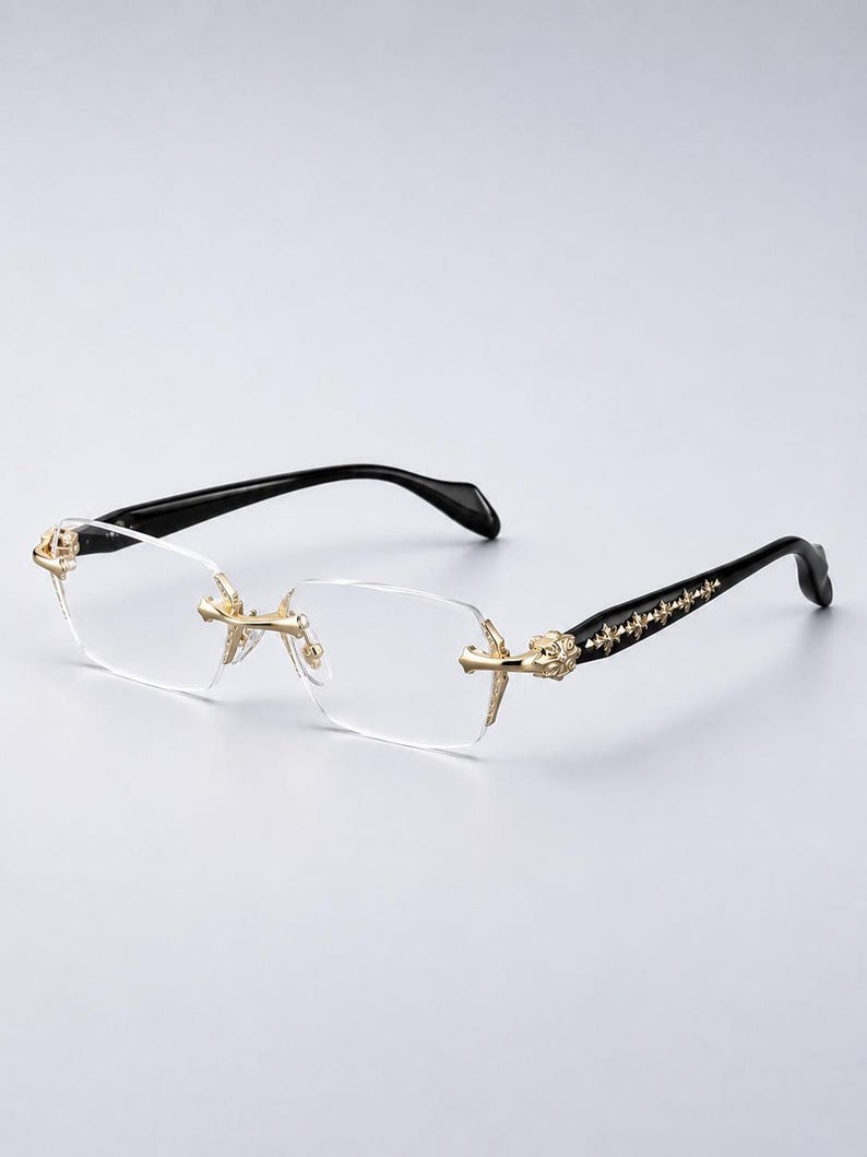Randlose Brille mit Kreuz Details I Y2K Rimless Brille Silber I Gothic Statement Brille ohne Rahmen I Unisex Modebrille ohne Stärke Gold