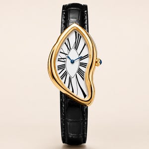 Può includere: Un orologio da polso con cassa asimmetrica color oro e quadrante bianco con numeri romani neri. L'orologio presenta lancette blu e un cinturino in pelle nera con motivo a coccodrillo. Un piccolo cabochon blu è incastonato sulla corona.