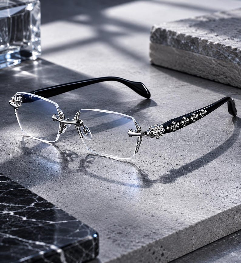 Randlose Brille mit Kreuz Details I Y2K Rimless Brille Silber I Gothic Statement Brille ohne Rahmen I Unisex Modebrille ohne Stärke Bild 5