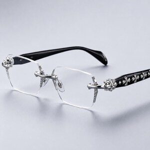 K&ouml;nnte beinhalten: Randlose Brille mit klaren, rechteckigen Gl&auml;sern und silberfarbenen Metallbeschl&auml;gen an Steg und Scharnieren. Die B&uuml;gel sind schwarz und mit einer Reihe von erhabenen, silberfarbenen Kreuzemblemen an den Au&szlig;enseiten versehen.