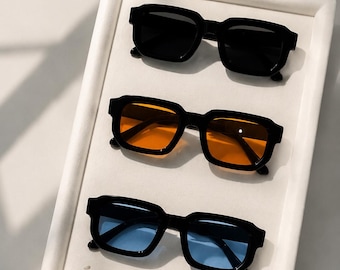 3er Set Retro Sonnenbrillen | Rechteckige Y2K Sunglasses mit schwarzen Rahmen | Schwarz, Blau & Amber Gläser