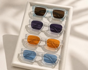 Sonnenbrille Set 4er Unisex I Transparente Retro Sonnenbrillen mit farbigen Gläsern I Rechteckige Y2K Brille I Vintage Sommer Accessoire