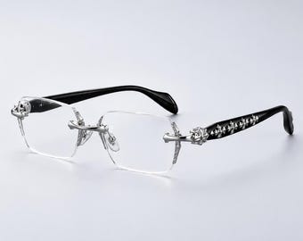 Gafas sin montura estilo Y2K con detalles plateados | Gafas de diseño sin montura | Gafas estilo cromado