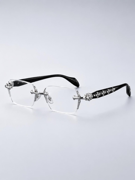Randlose Brille mit Kreuz Details I Y2K Rimless Brille Silber I Gothic Statement Brille ohne Rahmen I Unisex Modebrille ohne Stärke