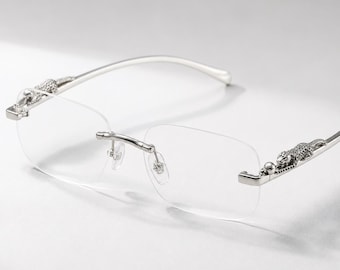Randlose Brille Silber I Y2K Retro Brille mit Panther Detail I Vintage Statement Brille ohne Rahmen I Unisex Modebrille ohne Stärke