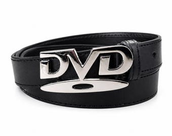 Schwarzer Ledergürtel mit silberner DVD Schnalle – Y2K Style – Vintage Statement Gürtel – Unisex Accessoire