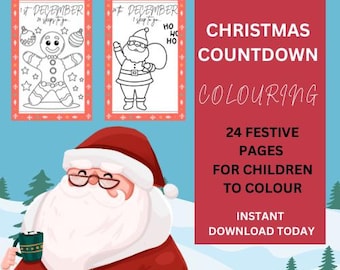 May include: A printable Christmas countdown coloring book with 24 festive pages for children to color. The cover features a cartoon Santa Claus holding a bag of gifts and a gingerbread man.