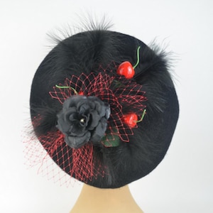 Beret Hat in Black Feathers, Rose, Red Cherries and Veil, French Style Vintage Pin Up Burlesque, Hair Accessory Rockabilly Winter Fashion