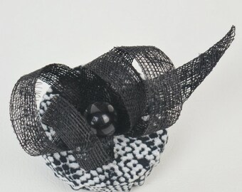 Mini Fascinator in Snake Print with Black Bead and Black Sinamay Twirls Hair Clip Hen Night Occasion Headwear Gothic Burlesque Wedding