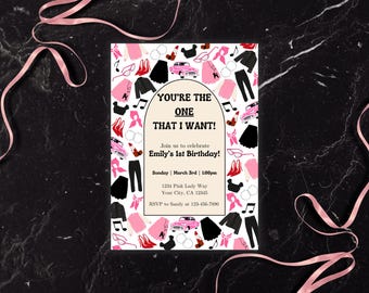 Grease-Themed 'You're the One That I Want' First Birthday Invitation, Fun, Retro, 1950's Party Design, Girl's 1st Bday Invite