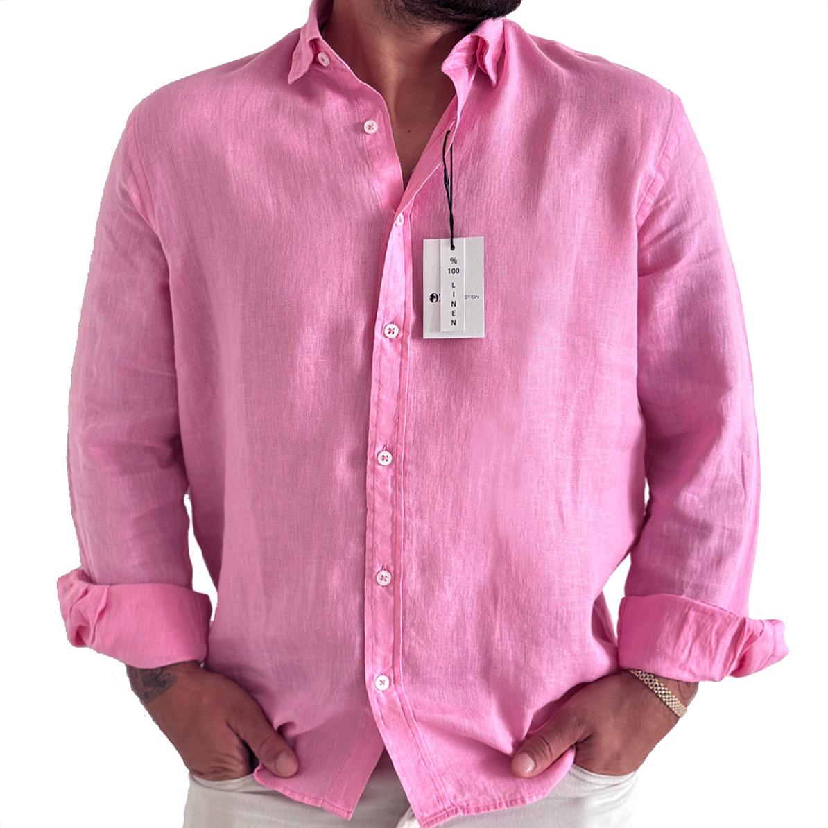 OZCOLLECTION 100 % Linen Men Shirts Pink Long Sleeve Beach Shirts for Vacation Casual Shirts  Gift for Boyfriend