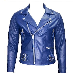 Men&#39;s Genuine Leather Biker Jacket - Electric Blue Motorcycle Style Stylish Jacket