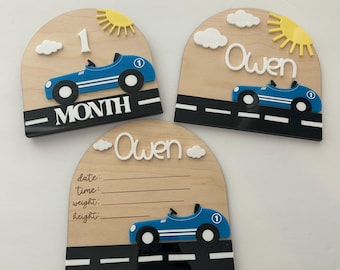 Engraved Race Car Milestone Markers: Baby Photo Prop