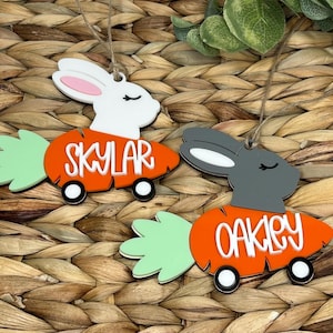 Easter Basket-naamplaatje, Carrot Cart Bunny Easter Basket-label, Easter Basket-naamplaatje voor jongen of meisje, gepersonaliseerd Pasen, aangepast naamplaatje