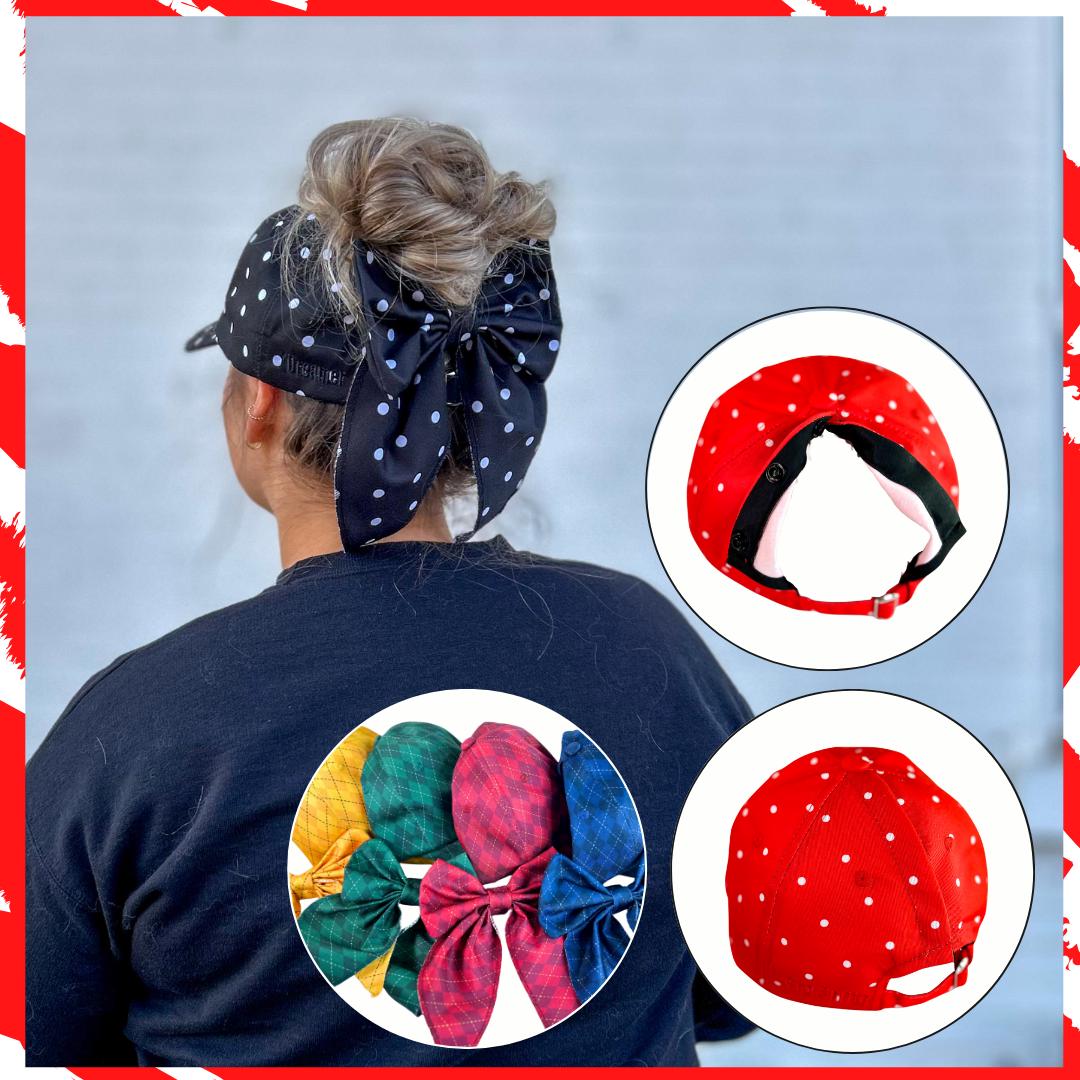 May include: A black and white polka dot ponytail visor with a large bow. The image also shows a red visor with white polka dots, and a variety of colorful bow visors in green, yellow, red, and blue.