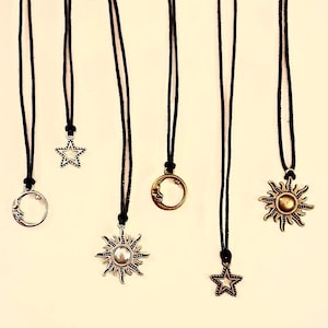 Adjustable Charm Astrology Necklace - Sun Moon Star - Black Cord String Necklace - Silver and Gold