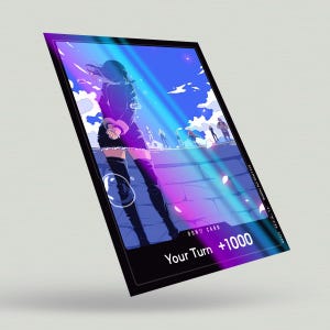 May include: A card featuring an anime-style illustration of a person in a black outfit and thigh-high boots, standing on a platform. The background shows a blue sky with figures. Text on the card reads "Your Turn +1000".