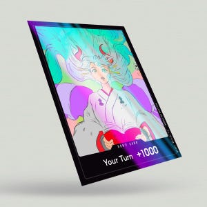 May include: A black card with a holographic image of a woman with long blue hair and red horns. The woman is wearing a white kimono and holding a red book. The text on the card reads "DON!! CARD Your Turn +1000".
