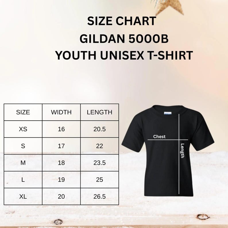 May include: A black Gildan 5000B youth unisex t-shirt with a size chart. The chart shows sizes XS to XL, with chest and length measurements in inches. The text "SIZE CHART" and "YOUTH UNISEX T-SHIRT" are displayed.