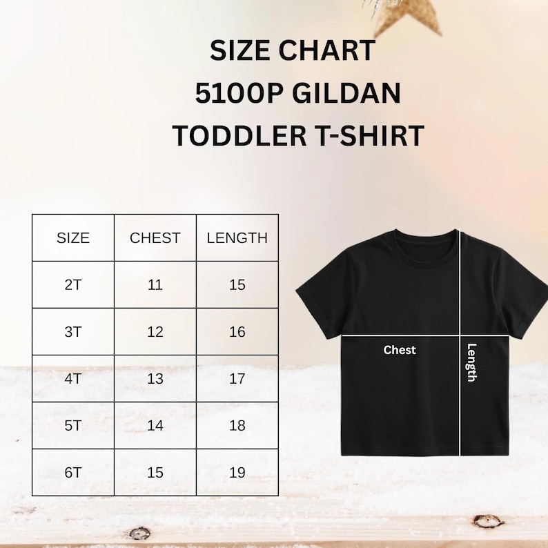May include: A black toddler t-shirt with a size chart. The chart shows chest and length measurements in inches for sizes 2T to 6T. The text "SIZE CHART 5100P GILDAN TODDLER T-SHIRT" is at the top.