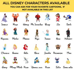 May include: A colourful graphic showcasing Disney characters such as Rapunzel, Merida, and Moana. The text at the top states "ALL DISNEY CHARACTERS AVAILABLE" and "YOU CAN ASK FOR YOUR FAVORITE CARTOONS, IF NOT AVAILABLE IN THIS LIST."