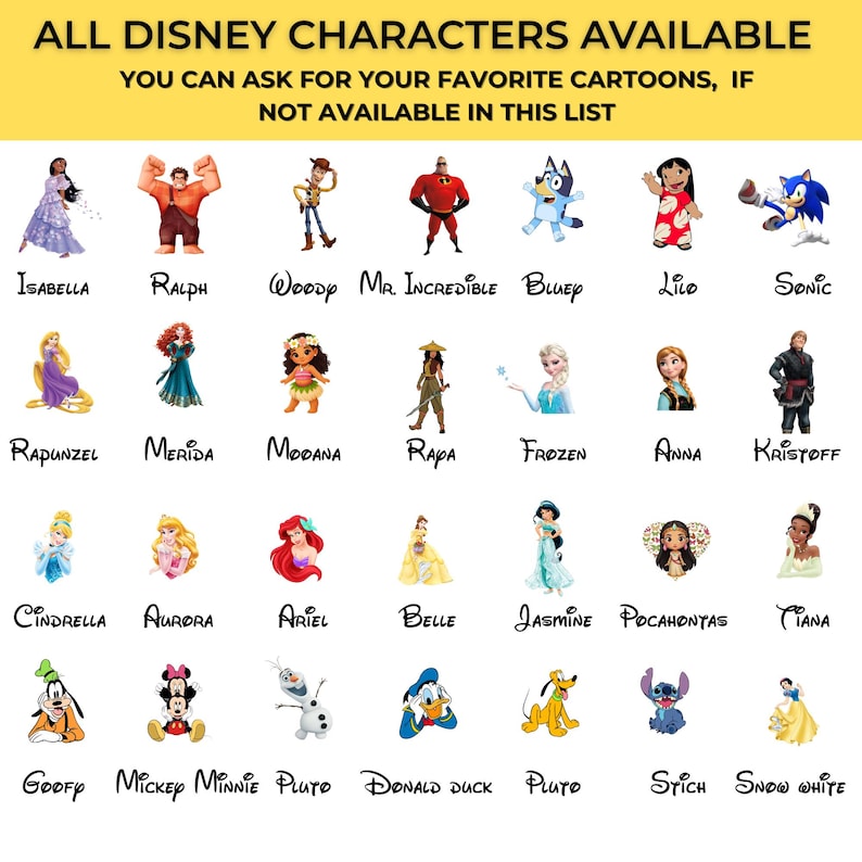 May include: A colourful graphic showcasing Disney characters such as Rapunzel, Merida, and Moana. The text at the top states "ALL DISNEY CHARACTERS AVAILABLE" and "YOU CAN ASK FOR YOUR FAVORITE CARTOONS, IF NOT AVAILABLE IN THIS LIST."