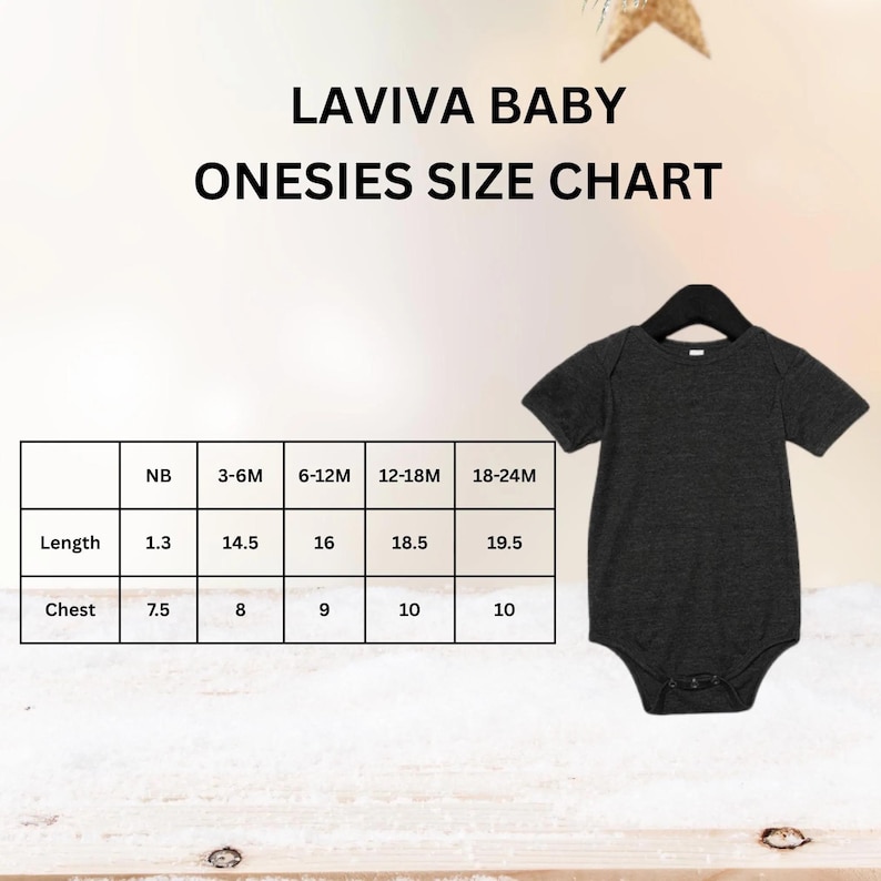 May include: A dark grey baby onesie on a hanger, with a size chart. The chart shows measurements for length and chest in inches for sizes NB, 3-6M, 6-12M, 12-18M, and 18-24M. The text "LAVIVA BABY ONESIES SIZE CHART" is at the top.