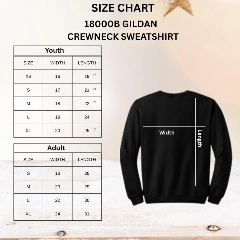 May include: Size chart for a Gildan 18000B crewneck sweatshirt. The chart includes youth and adult sizes, with measurements in inches for width and length. A black sweatshirt is shown with width and length indicators.