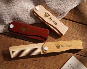 Grawerowany grzebień do brody z drewna sandałowego, personalizowany składany grzebień z drewna, przenośny składany grzebień z drewna